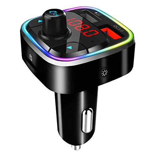 Transmisor FM Bluetooth Coche 5.0, QC3.0 Adaptador Inalámbrico Bluetooth para Coche Reproductor de Música MP3 Kit Manos Libres para Coche & 2 USB de Carga, Retroiluminación LED, Apoyo Tarjeta TF/USB