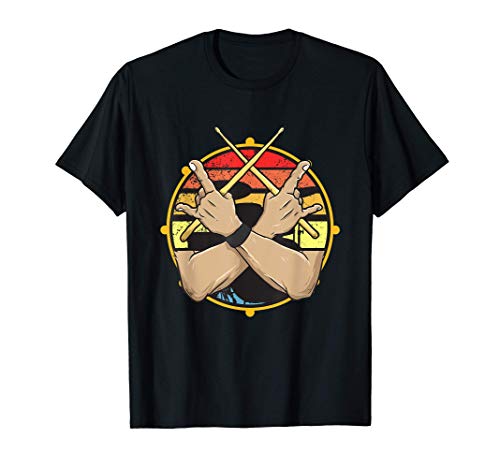Vintage Drummer Drum Sticks Rock & Roll Hand Horns Camiseta