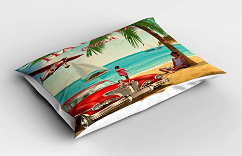 ABAKUHAUS Viaje Funda de Almohada, Retro Habana Cuba Beach Alquiler, Decorativa Estampada Tamaño Standard Dos Plazas, 65 X 50 cm, Multicolor