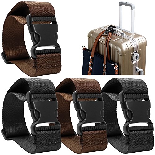 AFUNTA 4 Pack Añadir una Bolsa Correa de Equipaje, Adjustable Travel Suitcase Belt Attachment Accesorios para conectar Sus Tres Equipaje Juntos - Negro/Marrón