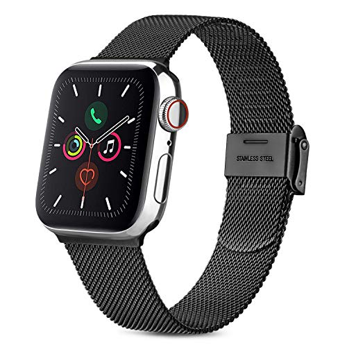 AK - Correa compatible con Apple Watch de 44 mm, 42 mm, 40 mm, 38 mm, con cierres de hebilla ajustables para iWatch Series 6/5/4/3/2/1/SE (42 mm/44 mm), color negro