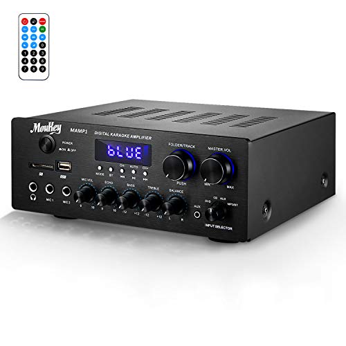 Amplificador de Sonido Moukey Amplificador de Potencia BT Audio Stereo Receptor de Audio Estéreo de Doble Canal 220W/ monitoreo/USB, SD, AUX, Mic IN/Eco, Radio, LCD