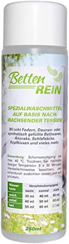 Bettenrein Detergente delicado para artículos rellenos de plumas, perfecto para almohadas, edredones, cazadoras, anoraks, sacos de dormir y más, 250 ml