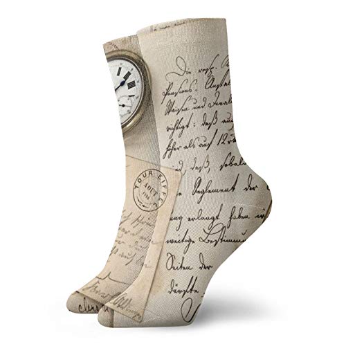 BJAMAJ Calcetines unisex vintage de papel viejo bolígrafo reloj de escritura interesante poliéster de la tripulación calcetines de adulto calcetines de algodón