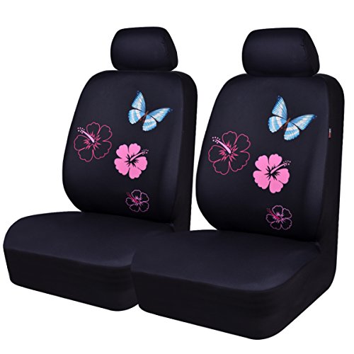 CAR PASS Fundas universales para asientos de coche, diseño de flores y mariposas, compatibles con airbag (6 unidades, color negro y rosa)