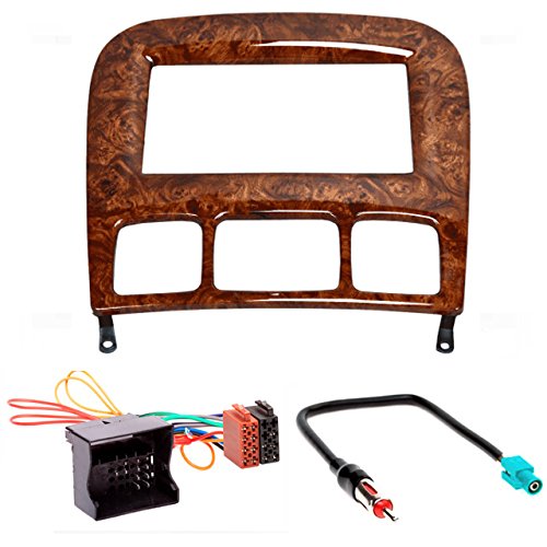 CARAV 11-410-24-7 - Embellecedor de radio de coche de 2 DIN en el salpicadero, kit de instalación para Mercedes-Benz Clase S (W220) 1998-2005 (Wood), cable adaptador ISO y antena