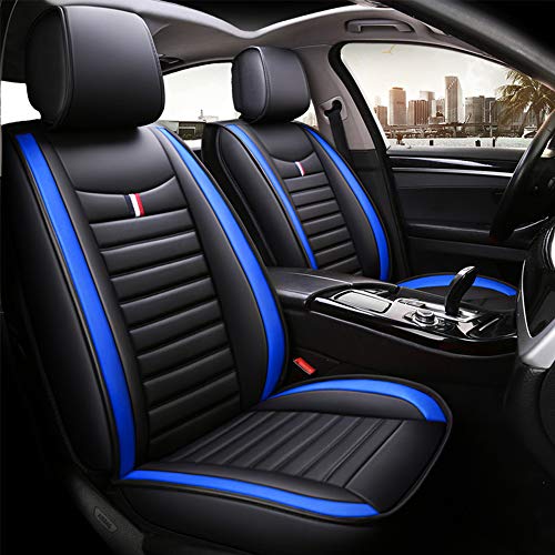 Chemu Juego de fundas para asientos de coche, de piel sintética y seda de hielo, para Volkswagen Golf Jetta Amarok Bora Santana Tiguan Touareg T-ROC de 5 plazas (negro + azul)