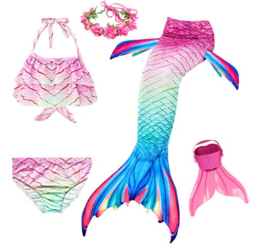 Cola de Sirena para Natación Traje de Baño 5pcs Mermaid Bikini Establece para Niña Disfraz de Sirena Princesa Cosplay Conjuntos con Diadema de Flores y Monofín
