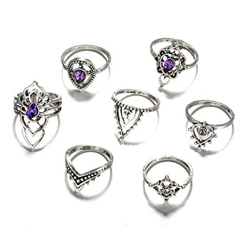 Conjunto de 7 anillos retro de amatista redondos con flores huecas y diamantes de imitación de aleación para mujer