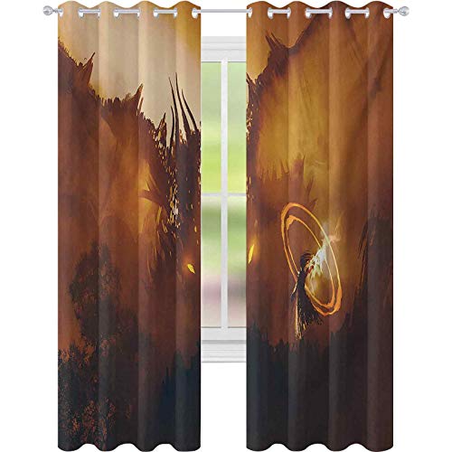 Cortinas térmicas aisladas, con diseño de mago del dragón por los poderes malvados del universo impreso, 52 x 84 ojales para tratamiento de ventanas, color naranja y marrón