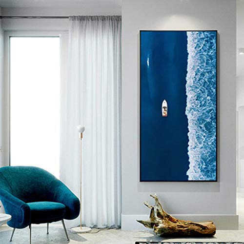 Domrx Nórdico Azul Abstracto mármol Oro Arte lancha rápida Barco Ballena mar Hermoso Paisaje Pintura Sala de Estar sofá Fondo -60x120cm / 23.6"x47.2 Sin Marco