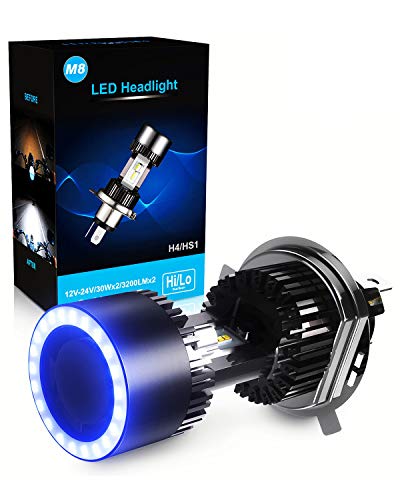 H4 LED Bombilla con Ojos de Ángel para Moto, 6400LM, DC 12V 6000K, 1 Pieza