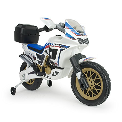 Injusa - Moto Honda Africa Twin eléctrica 6V para niños +3 años con maleta para casco y acelerador en el puño, blanco (6820)