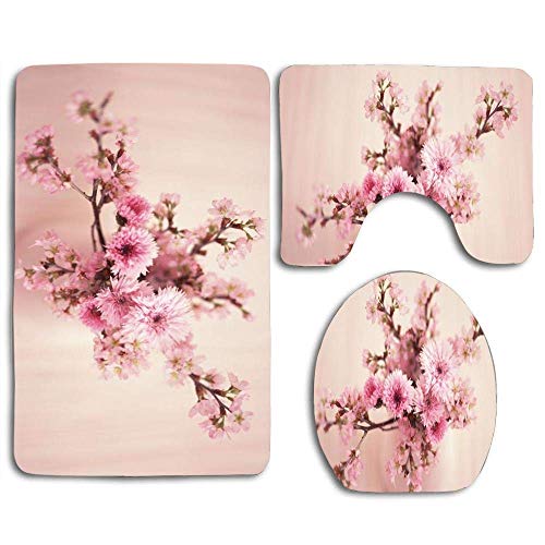 Juego de alfombras antideslizantes de 3 piezas de flores de color rosa suave Alfombras de baño Alfombra de baño lavable + Alfombrilla de contorno + Funda de asiento de inodoro, Alfombra de piso para f