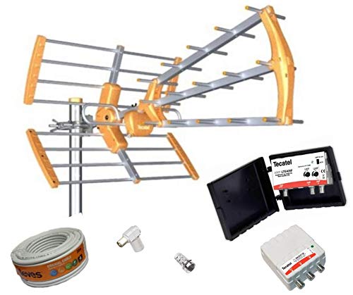 Kit Antena TV TECATEL + Amplificador 30 dB 2UHF + Fuente Alimentación 2 Salidas + Conexiones + 20m Cable TELEVES
