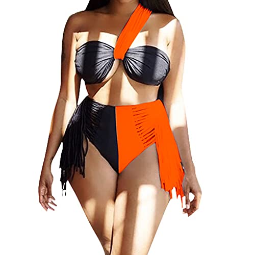 KunmniZ Mujeres Sexy 2 unids Bikini Conjunto un Hombro Color Bloque Traje de baño Borla Traje de baño Vista ecológico Traje de baño para Alquiler de Vacaciones en Playa