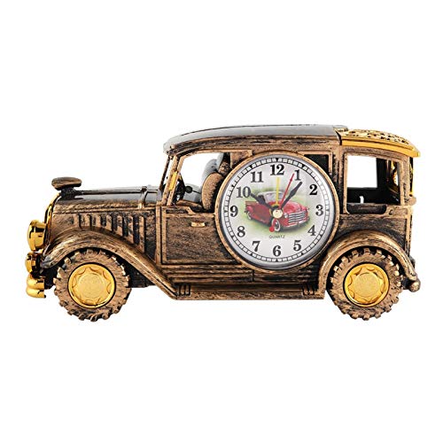 Reloj Despertador de Coche Vintage Reloj de Escritorio Multifuncional de Plástico Soporte para Bolígrafo Modelo de Coche Retro Decoración Novedosa Alarma de Cuarzo Adorno de Escritorio(Cobre)