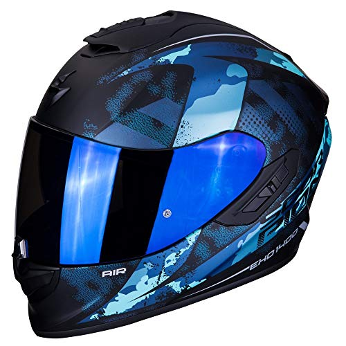 Scorpion - Casco integral EXO-1400 sylex negro mate azul de fibra de vidrio para scooter moto con visera interna SpeedView solar retráctil, protección calota exterior TCT (XXL)