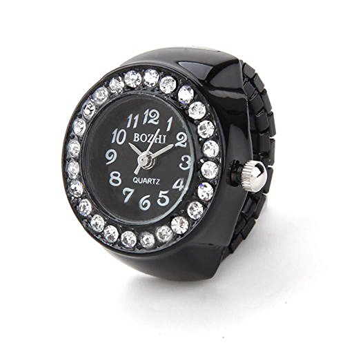 skyllc® Reloj Anillo de Metal Circonita Redondo Color Negro Mujer