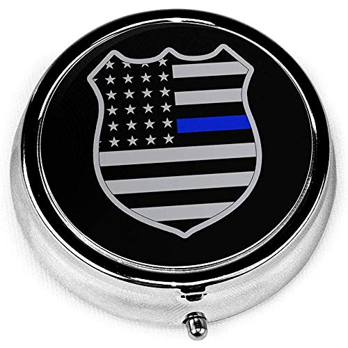 Support Police Badge Usa Bandera americana Blue Line Portable Round Silver Pill Box Pocket 3 Compartimento Medicine Case para bolsillo o monedero
