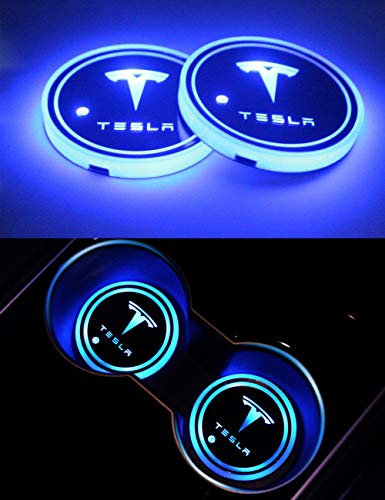 topfit Tesla Model Y Model 3 Model S Model X LED Portavasos para coche Luz USB recargable Cojín de copa luminiscente 7 colores Lámpara de ambiente Luz de decoración interior
