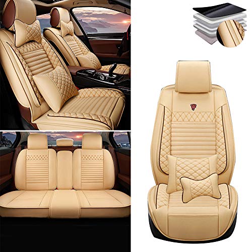 Tuqiang Funda de asiento de coche para Hyundai Elantra Sonata Accent Genesis Kona Tucson Santa, cuero de lujo impermeable, compatible con airbag, juego completo de lujo beige