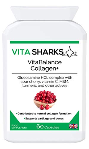 VitaBalance Collagen + para piel, cabello, uñas, articulaciones y tejido conectivo. Vitamina C y E, hierro, complejo de glucosamina HCL, cereza agria, MSM, cúrcuma y más para mayor apoyo inmunológico