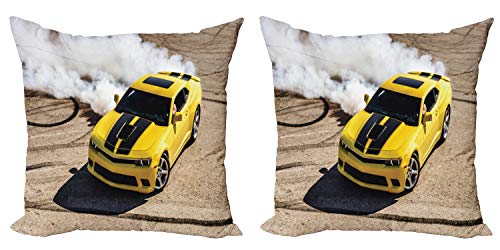 ABAKUHAUS Amarillo Set de 2 Fundas para Cojín, Racer Speedy Coche Deportivo, con Estampado en Ambos Lados con Cremallera, 50 cm x 50 cm, Topo Caliente Amarillo