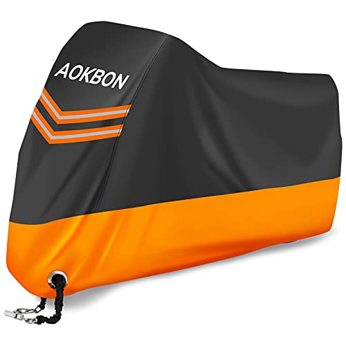 AOKBON Funda Moto Fundas Impermeables para Moto Protectora Impermeable y Resistente al Viento Lluvia Nieve Antipolvo para Protección al Aire Libre, Negro+Naranja