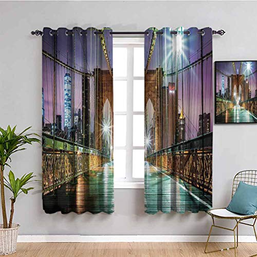 Apartamento Decor Aislante habitación oscurecimiento apagón Puente Brooklyn peatonal Paseo antes del amanecer American Landmark Picture Print Protección de privacidad púrpura marrón W54 x L39 pulgadas