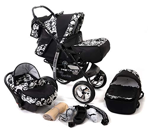 Baby Sportive - Sistema de viaje 3 en 1, silla de paseo, carrito con capazo y silla de coche, RUEDAS ESTÁTICAS y accesorios, color negro, flores blancas