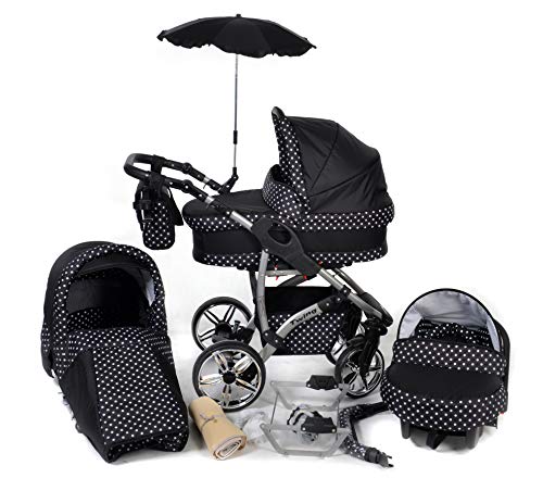Baby Sportive - Sistema de viaje 3 en 1, silla de paseo, carrito con capazo y silla de coche, RUEDAS GIRATORIAS, parasol y accesorios, color negro, lunares