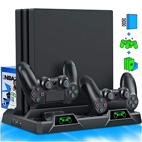 BEBONCOOL PS4 - Ventilador de refrigeración vertical para PS4 Slim / PS4 Pro/Playstation 4, PS4 Stand Dual Controller Charge Station y 16 Game Storage