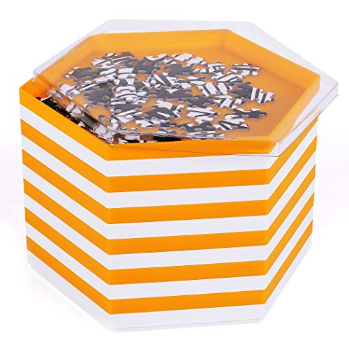Becko Bandeja apilable con forma de puzle, bandeja de clasificación, puzle con tapa, accesorios para puzzles de hasta 2000 unidades, 12 bandejas hexagonales, color blanco y naranja