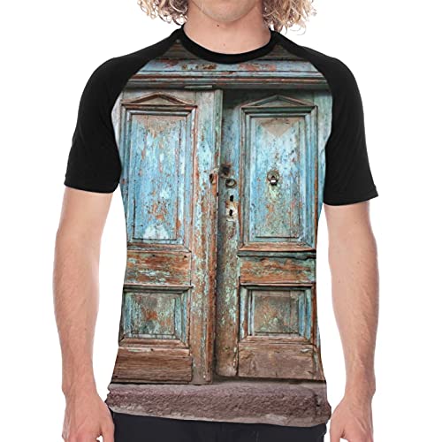 Camiseta de Manga Corta para Hombre,Antiguo Viejo Destruido Puerta Azul bache Dtone Dteps,Divertidas Imprimir gráfica con Cuello Redondo y diseño Creativo L