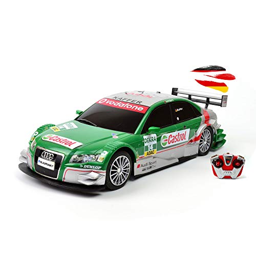 Coche teledirigido con licencia original compatible con Audi A4 DTM Rallye, modelo de coche con iluminación LED en escala 1:16, incluye mando a distancia.