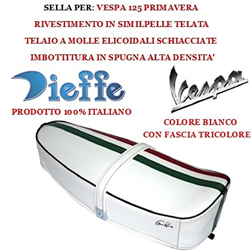 Dieffe P0030FTB - Sillín vintage para Vespa 125 Primavera, tejido de piel sintética blanco, asiento Dieffe con banda tricolor Dieffe, relleno de esponja fabricado en Italia