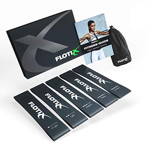 Flotix Bandas de fitness – Juego de 5 bandas negras – Booty Bands con libro de entrenamiento y bolsa de transporte para desarrollo muscular, gimnasia, crossfit, yoga, etc.
