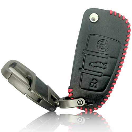 FoilsAndMore Funda Compatible con Audi Llave de Coche con 3 Botones Plegable - Piel Cubierta Protectora Cover Caso Clave in Negro Rojo