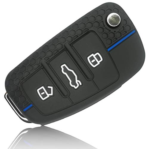 FoilsAndMore Funda Compatible con Audi Llave de Coche con 3 Botones Plegable - Silicona Cubierta Protectora Cover Caso Clave in Negro Azul