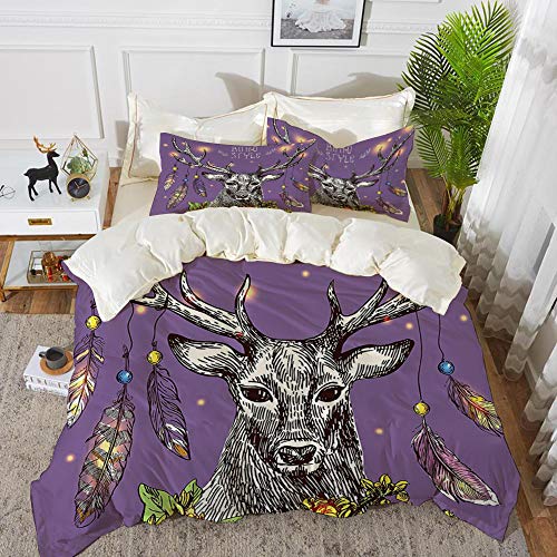 Juego de cama, microfibra,Apartamento Boho Dibujado a mano Rein Deer con elementos de estilo gitano en las cornamentas Unique Wild Cr,1 juego de funda nórdica 200 x 2002 fundas de almohada 50x80cm