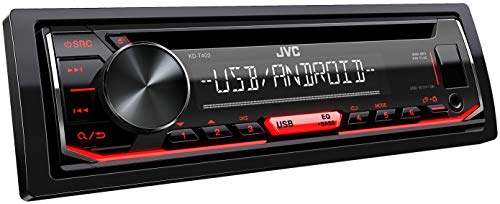 JVC KD-T402 Receptor Multimedia para Coche 1 DIN | Radio para Coche con Receptor CD y entradas AUX Jack 3.5. y USB con Fuente de Alimentación de 1,0 Amperios. Color Negro y Rojo.