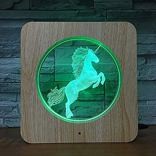 Luz de noche 3D Pegasus Creativo Led Luz visual Cuadrado Patrón de madera Luz de poni Luz de noche LED Luz de marco de grano de madera