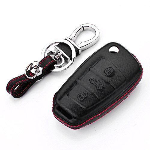 M.JVisun Funda protectora de piel auténtica para llave de coche Audi A1 A3 R8 S3 Q3 Q7 TT con llavero, color negro M.JVisun Funda protectora de piel auténtica para llave de coche Audi A1 A3 R8 S3 Q3 Q7 TT con llavero, color negro
