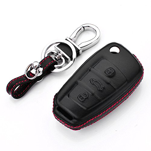 M.JVisun Funda protectora de piel auténtica para llave de coche Audi A1 A3 R8 S3 Q3 Q7 TT con llavero, color negro