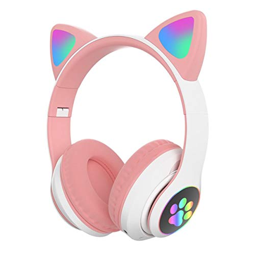 Morninganswer RGB Wireless 5.0 Cat Ear Auriculares con cancelación de Ruido Auriculares para Juegos Soporte para Tarjeta TF Compatible con teléfonos Inteligentes PC Tableta Rosa