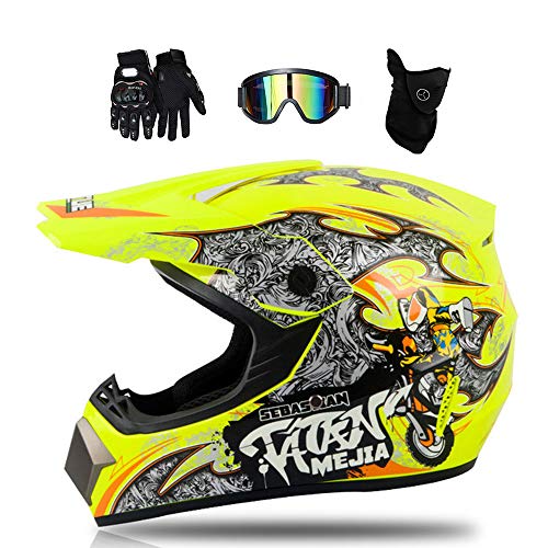 MRDEAR Casco Motocross Amarillo/Graffiti, Casco de Moto Cross Infantil Adulto para MX Quad Off Road ATV Scooter Enduro Mujer Hombre Protecciones Moto con Gafas/Máscara/Guantes, 4 Pcs,XL