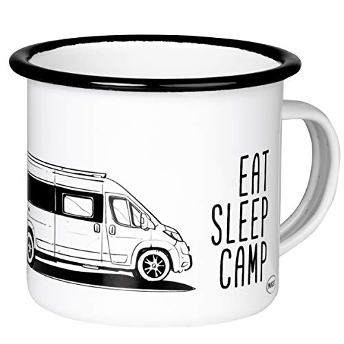 MUGSY.de EAT SLEEP CAMP EXPLORE DRIVE REPEAT - Taza esmaltada retro con furgoneta, ligera y resistente, para camping, Vanlife