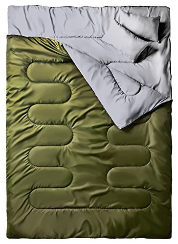 Ohuhu Saco de Dormir Doble Enorme con 2 Almohadas Gratis y una Bolsa de Transporte, Cuatro Doble Tiradores de la Cremallera - Temperatura Cómodo: 0 ° C / 32F ~ 10 ° C / 50F (Verde)