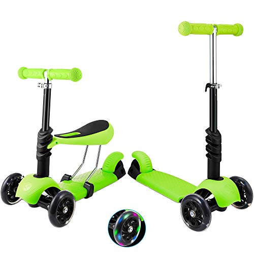 Patinete de 3 ruedas para niños pequeños y niñas, 2 en 1, con asiento desmontable, ruedas de luz LED, manillar de aluminio regulable en altura, base antideslizante, color verde